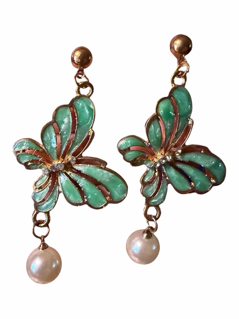 Green Butterfly Stud Pearl Drop Earrings
